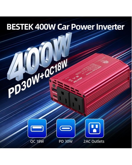 Bestek 400W Car Power Inverter for Vehicles – DC 12v to AC 110v Car Plug Adapter Outlet with PD 30W USB-C &USB-A 3.0 Fast Charging